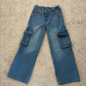 True Religion Kids Blue Cargo Jeans with Pink Stitching